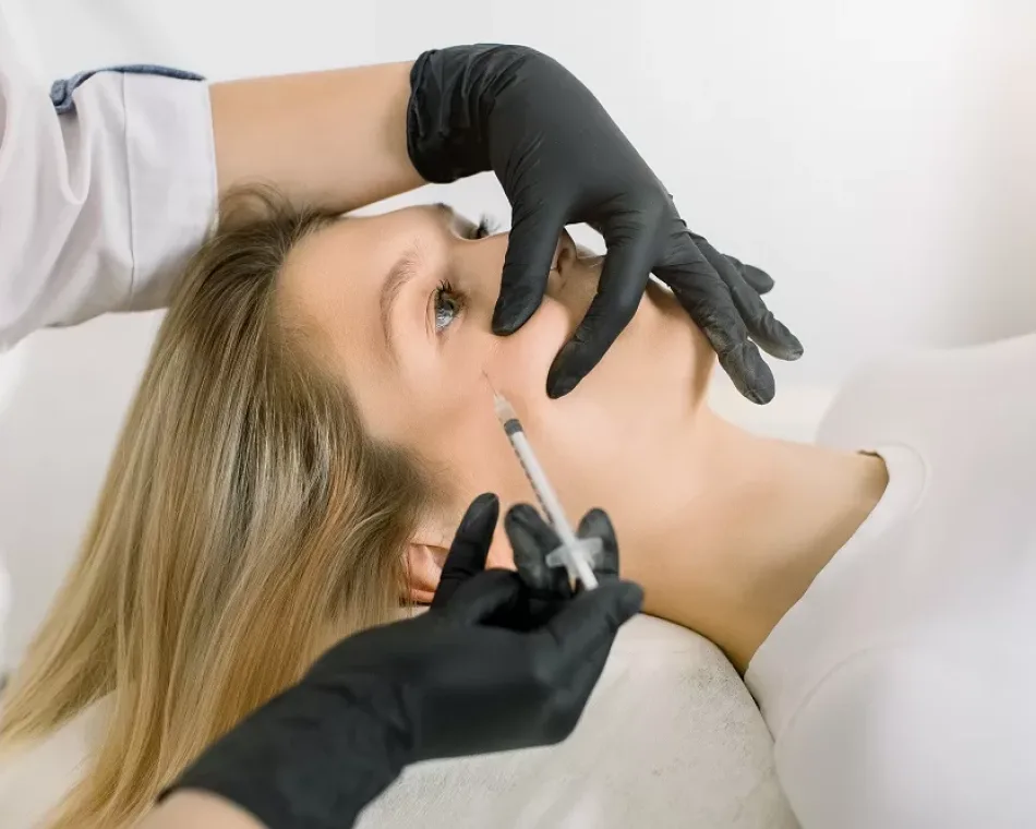 Cosmetic treatment. Closeup of beautician hands doing facial skin lifting injection to young woman's face, cheeks. Beautiful female patient receiving beauty procedure. Plastic surgery.